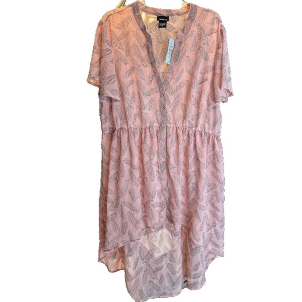 Plus Size Hi Low Boho Tunic Sheer Leaf Print Button Front Blouse Pink NWT 00